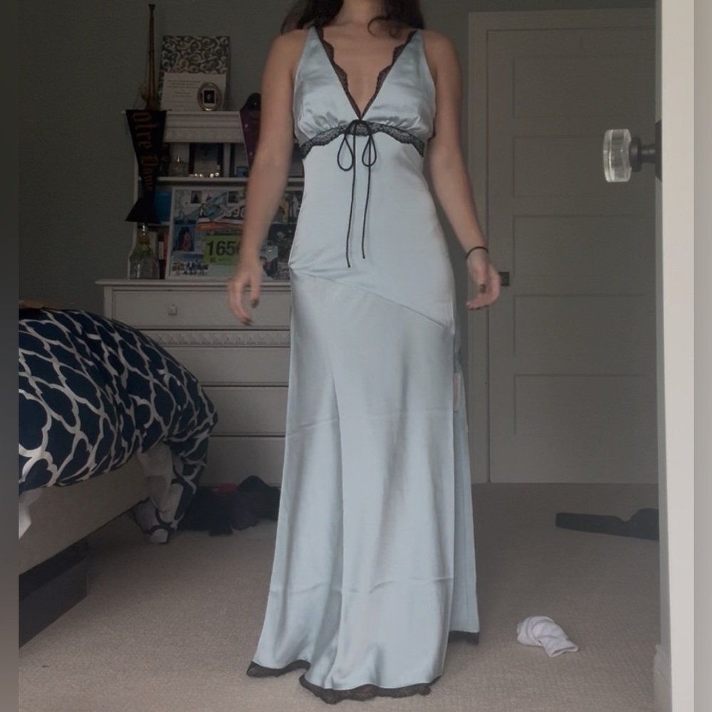 NWT
For Love & Lemons Pale Blue Maxi Dress with Black Lace Trim - Picture 3 of 4